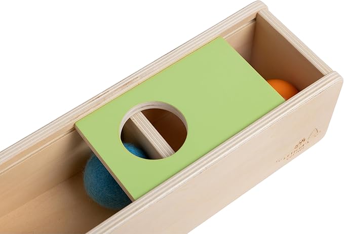 Leticia's Corner Montessori-Inspired Wooden Object Permanence Box, Sliding Top Box with Felt, Wooden and Knitted Balls, Imbucare Box, Ball Drop, Montessori Toy for Babies 6 Months and Older