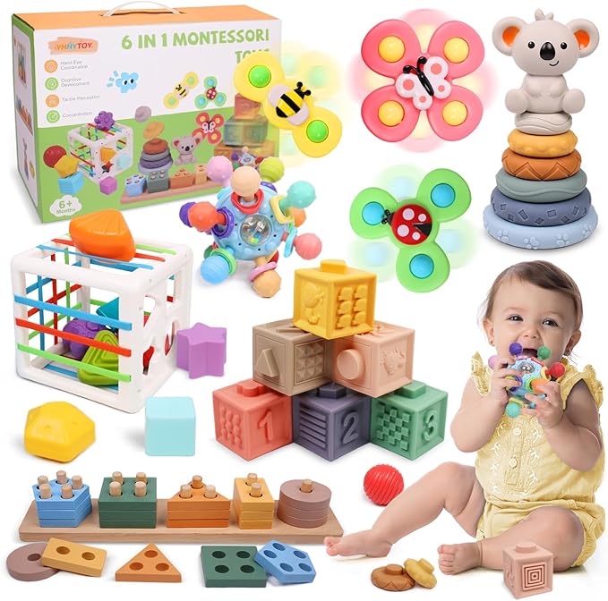 6-in-1 Montessori Baby Toys 0-6 6-12 Months, Infant Teething Toys Soft Stacking Blocks Rings Shape Sorter Sensory Fidget Spinners for Toddler 1-3, Christmas Stocking Stuffers for Girls Boys