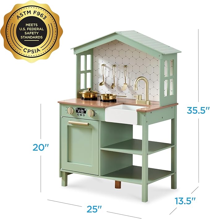 Best Choice Products Pretend Play Wooden Farmhouse Kitchen Set for Kids w/Toy Storage, Clicking Knobs, Windows, 5 Accessories Included - Sage