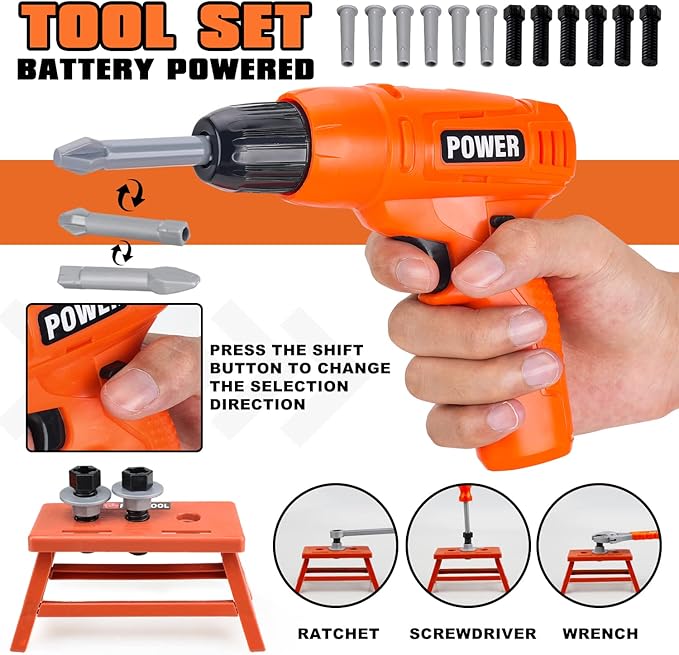 TOY Life Kids Tool Set for Boy Ages 4-6 with Belt, Toddler Tool Set with Drill, Kids Construction Toys, Learning Kit for Home DIY and Woodworking