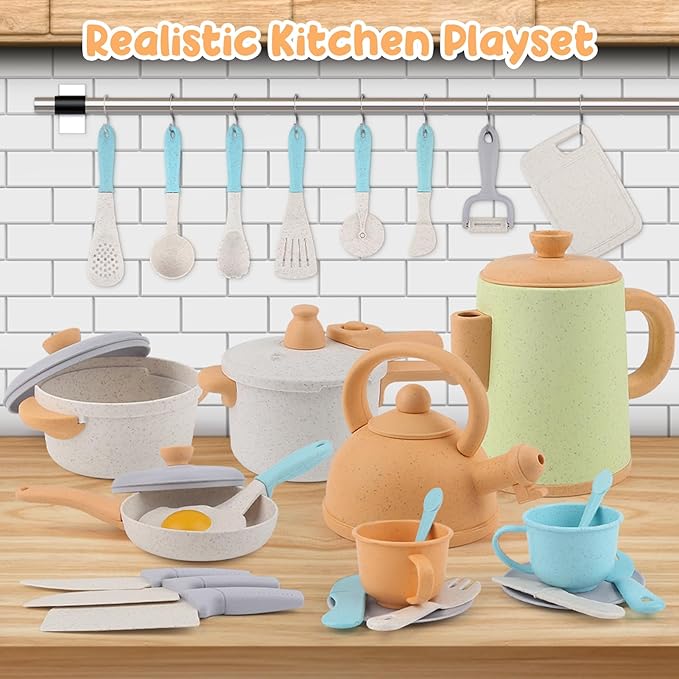 Dreamon Kids Play Kitchen Accessories, Pretend Play Cooking Toys Set, Cookware Pots and Pans Utensils Playset for Toddlers, Kids Kitchen Cooking Play Set Gifts for Boys Girls 3 4 5 6 Years Old