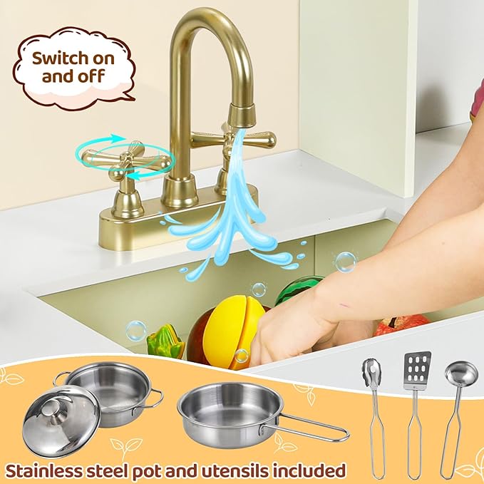 MAMIZO Kids Play Kitchen, Wooden Pretend Toy Kitchen, Large Toodler Cooking Playset, Stove and Water Dispenser w/Sound & Light, Sink, Microwave, Curtain, Modern Home Style for Ages 3+ (Yellow)