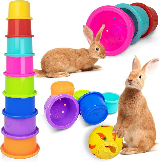 8 Pcs Colorful Stacking Cups and a Ball for Rabbits, Colorful Bunny Cups for Rabbits and Small Animals, Nesting Rabbit Cups of Different Sizes, Bunny Stacking Cups for Hiding Food and Playing