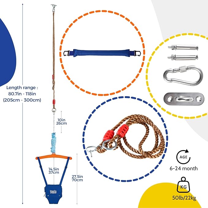 FUNLIO 2 in 1 Baby Jumper with a Ceiling Hook, Baby Walking Harness for 6-24 Months, Baby Jumper for Indoor/Outdoor Play, Infant Jumper Doorway with Adjustable Chain, Easy to Assemble & Store - Blue