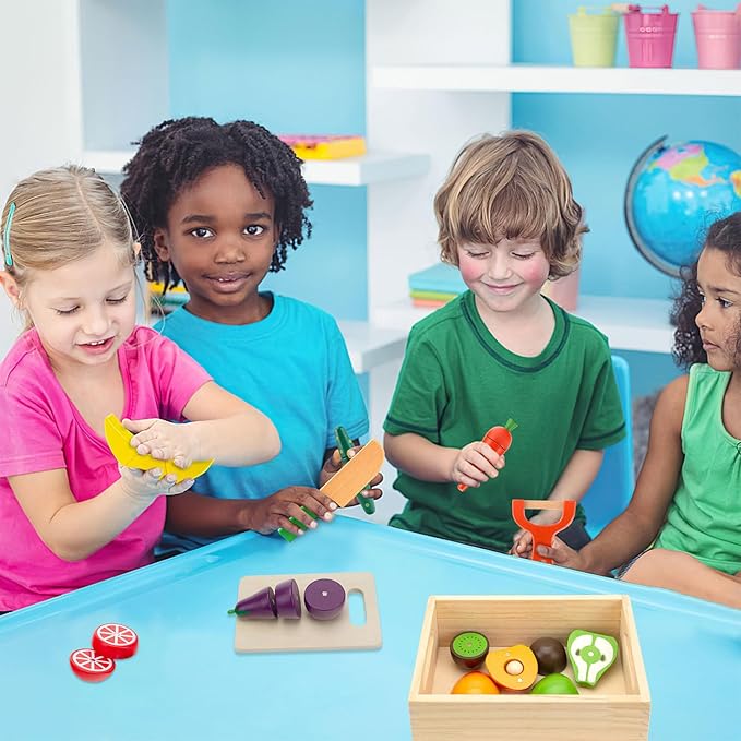 Wooden Play Food Sets for Kids Kitchen - Cutting Fruits and Veggies Toddler Toys Pretend Food Play Kitchen Accessories Montessori Educational Toys Gifts for Kids Boys Girls 3+