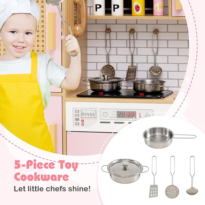 HONEY JOY Play Kitchen, Rattan Design Wooden Toy Kitchen Set for Toddlers, Stove with Lights & Water Dispenser, Range Hood, Cookware, Pretend Play Kids Kitchen Playset, Gift for Boys Girls (Pink)