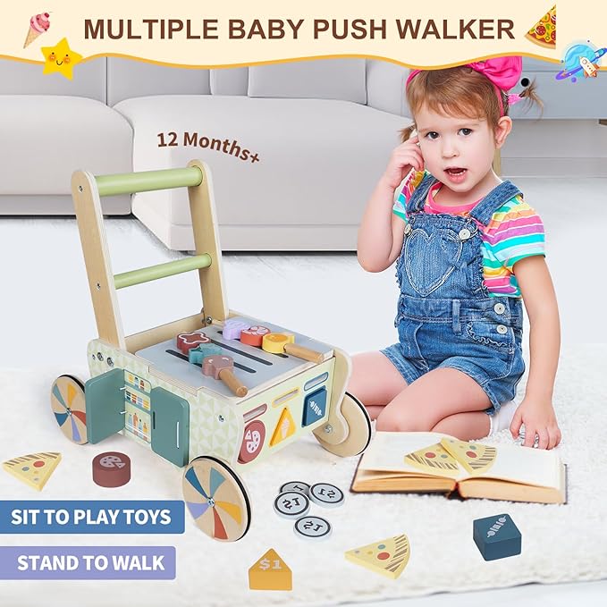 Wooden Baby Walker with Wheels, Montessori Kitchen Walking Toys, Pretend Play Grocery Toys, Sorting and Stacking Toys for Infants and Toddlers, Push and Pull Learning Activity Walkers