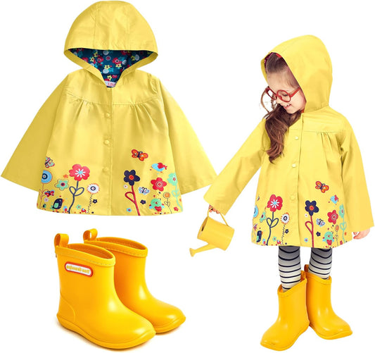 2 Pcs Toddler Raincoat Rain Boots Set Kids Baby Cartoon Hoodie Zipper Jacket Short Rain Shoes for Little Boys Girls