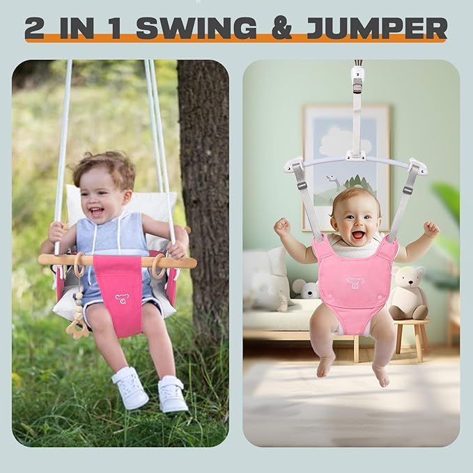 2-in-1 Baby Jumper & Swing - Foldable Stand, Stable Toddler Swing Set for Indoor & Outdoor Use (Pink)