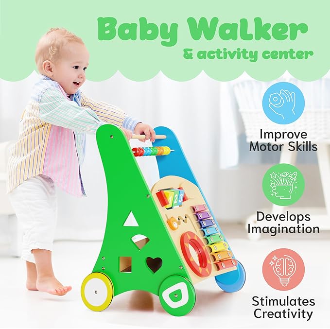 Wooden Baby Walker with Activity Center for Toddler Boys & Girls - Montessori Baby Push Walker Toy with Adjustable Speed - Baby Walker with Wheels for Kids Development by KIDDERY TOYS