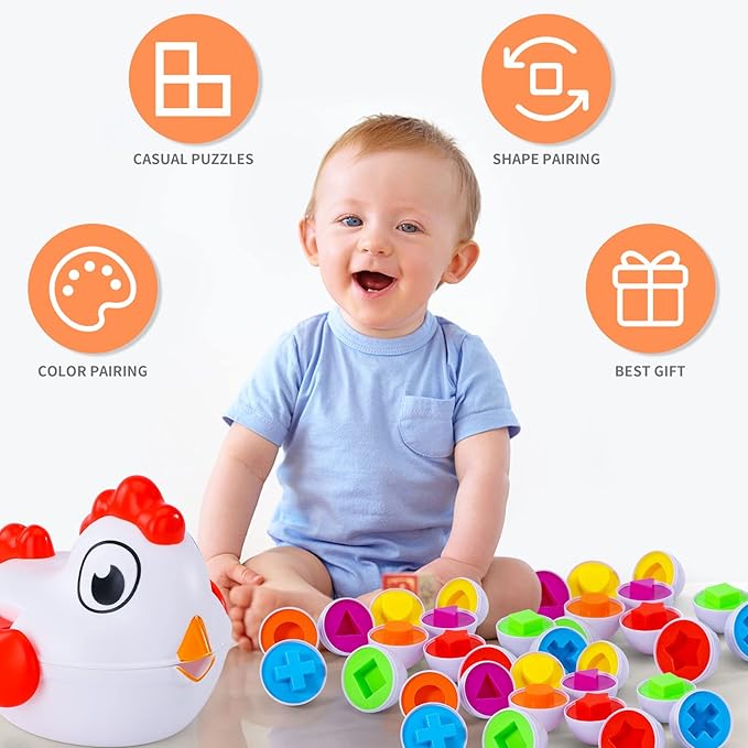6 Pack Chicken Eggs Matching Game Toys for Toddlers, Colors & Shape Matching and Sorter, Preschool Sensory Fine Motor Skills Development Toy, Educational Gifts for Boys and Girls Aged 3-6