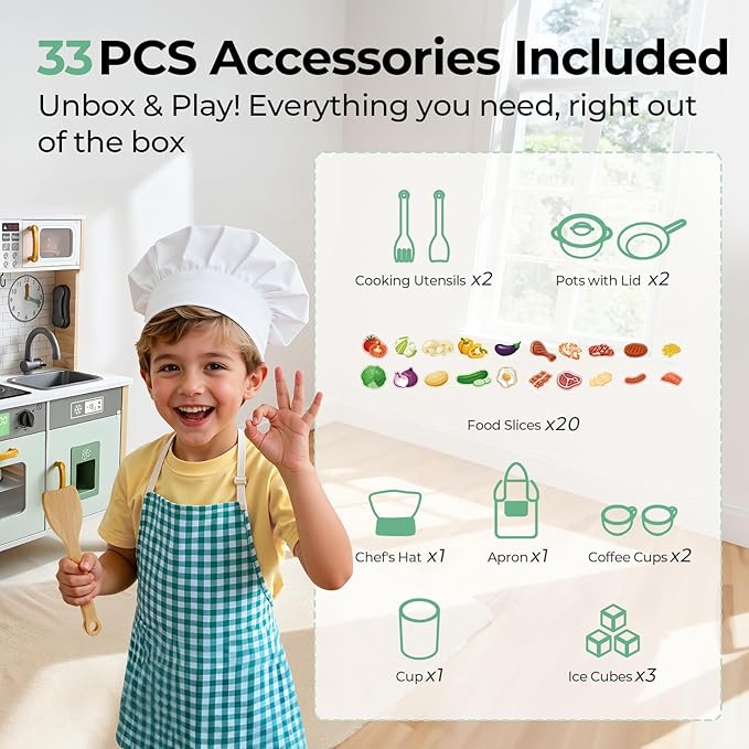 Play Kitchen Wooden Kids Kitchen Playset Pretending Toys for Toddlers with Real Lights & Sounds, 3 Heights Adjustable, Chalkboard, 35Pcs Toy Food & Cookware Accessories-Green