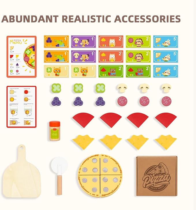 OOOK Wooden Pizza Toy Kids Pizza Counter Playset, Toy Pizza Oven， Montessori Pretend Play Toys with Toy Food, Bake Oven, Role Play Set for 3 4 5 6 Year Old Boys Girls