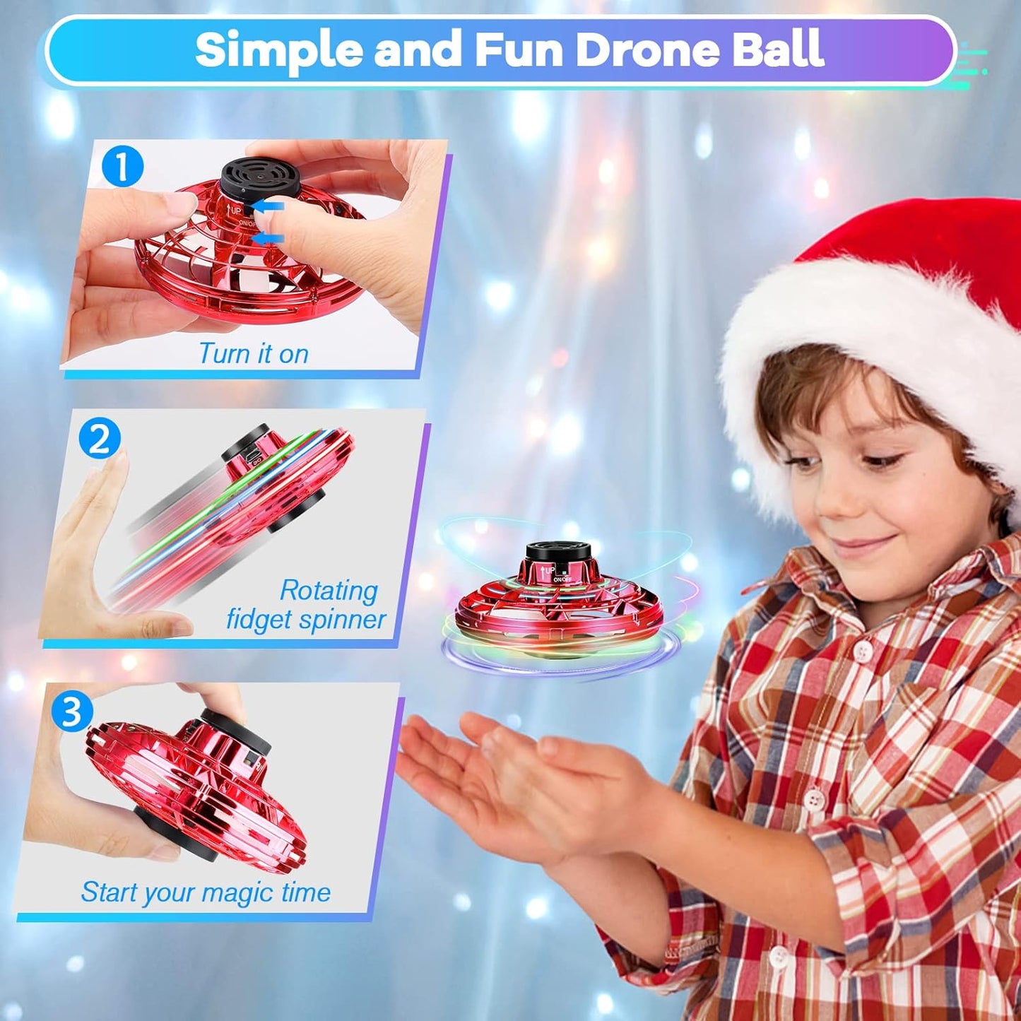 Hand Operated Mini Drone for Kids - LED UFO Flying Orb Ball, Rechargeable Mini Fidget Spinner Toy for Indoor Outdoor,Christmas Birthday Party Gifts for Girls Boys(Red)
