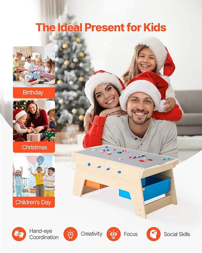 VEVOR Kids Reversible Wooden Activity Table, Multi-Purpose Activity Play Table with 200 Building Bricks & 3 Storage Bins for Kids 3+ Years, Large Storage Space, Present for Boys & Girls, Natural