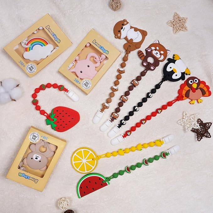 Cute Animal Baby Food Grade Silicone Teether Toy with One Piece Design Pacifier Clip Holder,Teething Toys Gift Set for 3 Months+ Boys and Girls,Freezer Safe,BPA Free (Red Turkey)