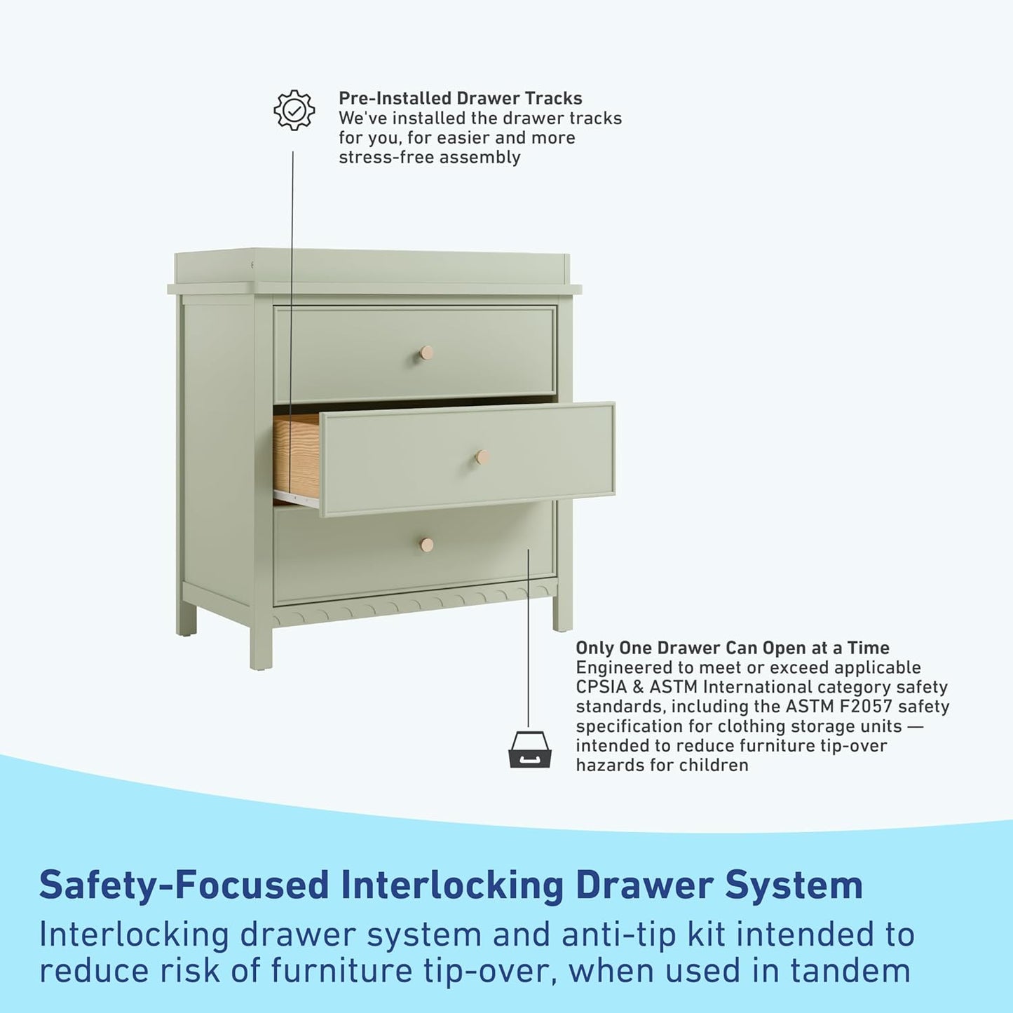 Graco Sasha 3-Drawer Chest with Changing Table Topper (Sage) – GREENGUARD Gold Certified, Nursery Bedroom Wood Chest with Spacious Storage, Interlocking Drawer System, Pre-Installed Tracks