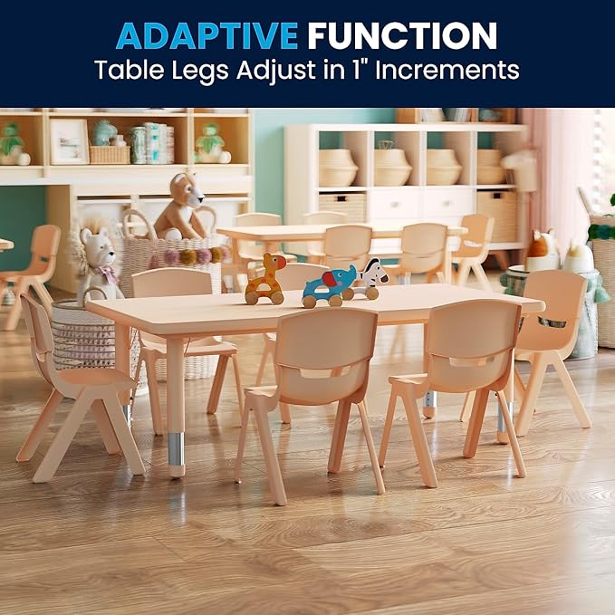 Flash Furniture Adjustable Classroom Activity Table with 6 Stackable Chairs, Rectangular Plastic Activity Table for Kids, 24" W x 48" L, Natural