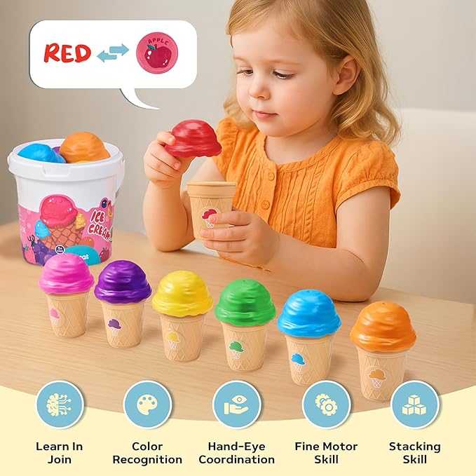JOYCAT Ice Cream Play Set for Toddlers 1-3, Color Sorting Stacking Toys with 7 Matching Cones & Scoops, Pretend Play Food for Girls Kids Christmas Gifts, Fine Motor Skills Learning Toys for Preschool