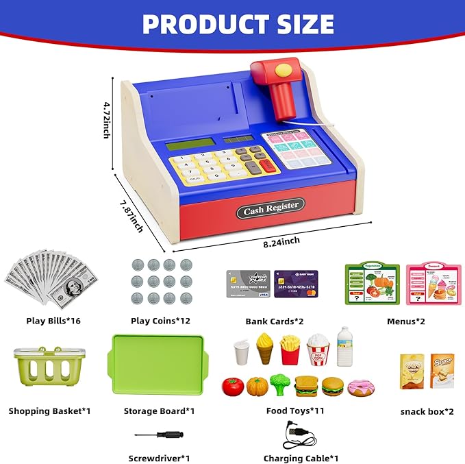 Wooden Cash Register for Kids, Rechargeable Pretend Play Supermarket & Fast Food Restaurant, Teen Cash Register with Play Money, Toy Food, Toddler Learning Toys for Kids Boy & Girl Age 3-5, Blue