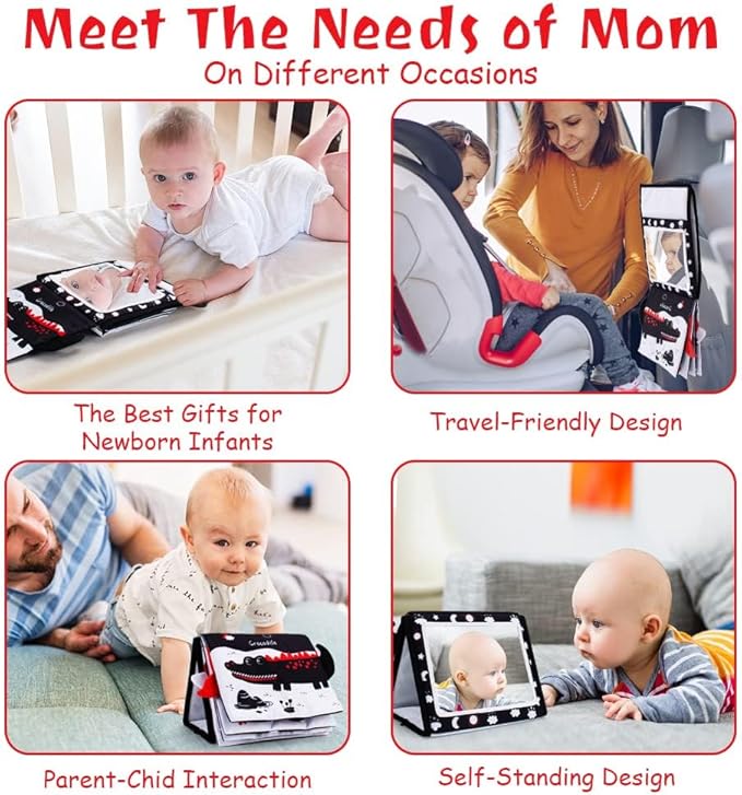 Tummy Time Mirror, Baby Tummy Time Toys with Soft Book, Black and White High Contrast Baby Toys, 3D Activity Sensory Montessori Toys Crawling Mat