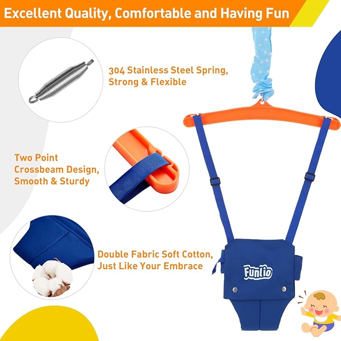 FUNLIO 2 in 1 Baby Jumper with a Ceiling Hook, Baby Walking Harness for 6-24 Months, Baby Jumper for Indoor/Outdoor Play, Infant Jumper Doorway with Adjustable Chain, Easy to Assemble & Store - Blue