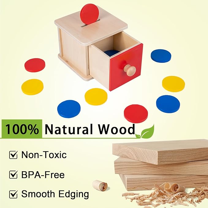 Adena Montessori Coin Lock Box,2 in 1 Object Permanence Box Toys for 1 Year Old Baby Coins,Wooden Mechanisms Help Develop Probelm Solving Skills Toys for 6-12 Month Infant Toys,Learning Kids Gifts