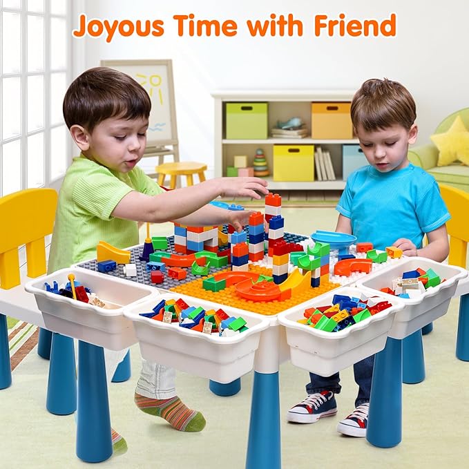 Arscniek Toddlers Activity Table 7 in 1 Kids Activity Tables and Chair Set with 152Pcs Large Marble Run Building Blocks, Sand/Water Tables, Kids Learning Play Table Toys for Girls Boys Toddler Age 3-7