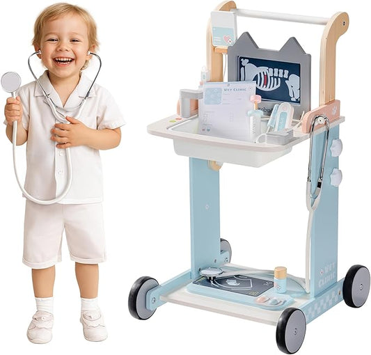 ROBUD Toddler Doctor Play Set, Complete Doctor Kit for Kids with Adjustable Height and Medical Tools, Wooden Pretend Play Pet Doctor Cart for Kids Aged 3+, Vet Kit for Imaginative Role Play Fun
