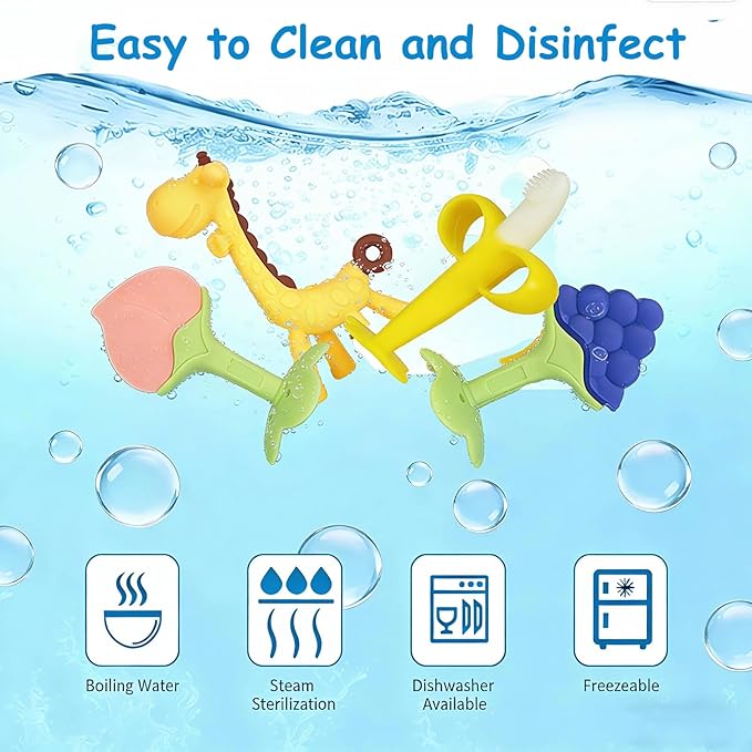 Baby Teething Toys 3-6 Months, Silicone Baby Teether Freezer BPA Free, Babies Teething Relief Sore Gums, Banana Toothbrush, Fruit Shape Giraffe Newborn Teether Gift for Infant Boy and Girl