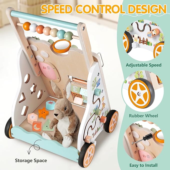 Wooden Baby Walker with Wheels, Push Walker with Baby Activity Center, Montessori Walking Toy for Girls Boys, Ajustable Speed & Height Activity Toy for Toddler Learning to Walk