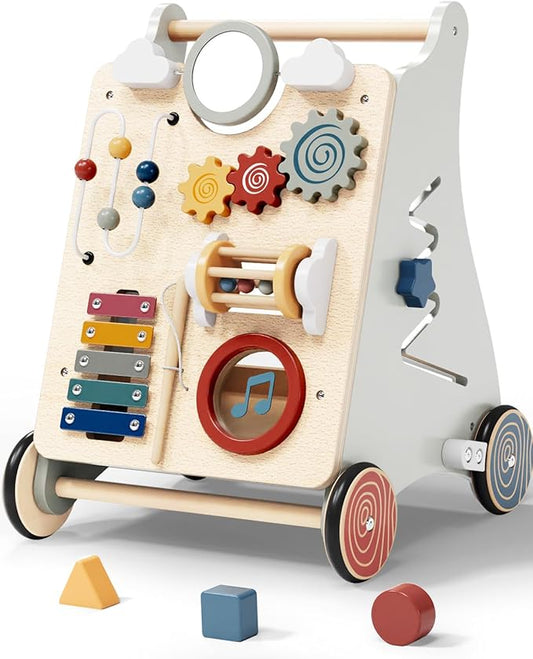 Detachable Baby Walker for Toddlers 1 Year Old Wooden Montessori Busy Board Adjustable Speed Push & Pull Walker Activity Learning to Walk Center Toy for Boys Girls 6-12 Months Baby Toys Birthday Gifts