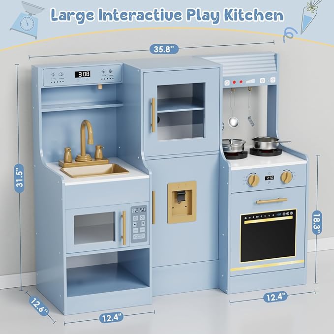 MAMIZO Wooden Play Kitchen for Kids, Toddler Toy Kitchen Playset, Large Interactive Pretend with 6 Kitchenware, Realistic Water Dispenser & Hood w/Lights & Sounds, Sink, Stove, Oven, Microwave (Blue)