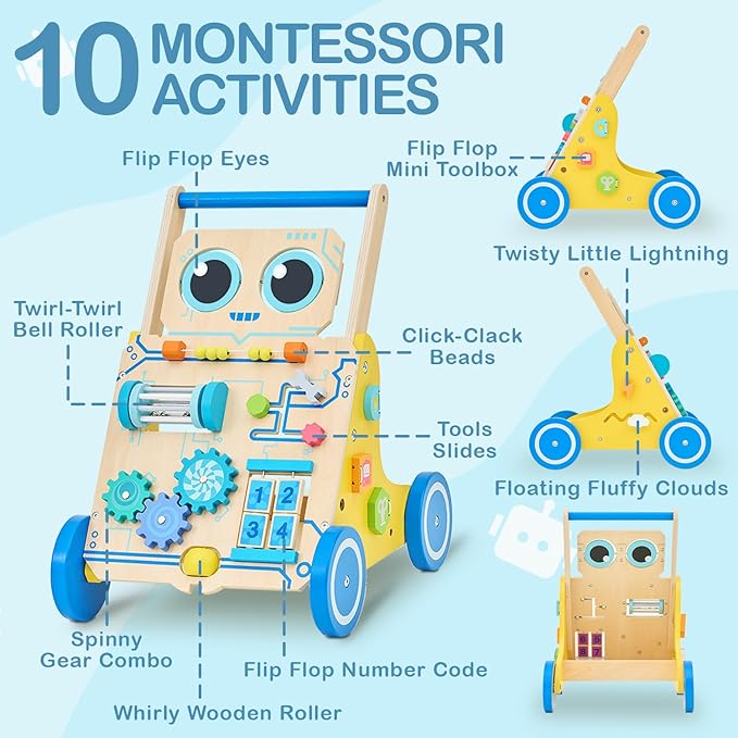 Monläurd® Robot Wooden Baby Walker, Adjustable Push ＆ Pull Toy, Montessori Activity Center, Learning Activity Walker - Ideal for Early Development & Motor Skills for Toddlers