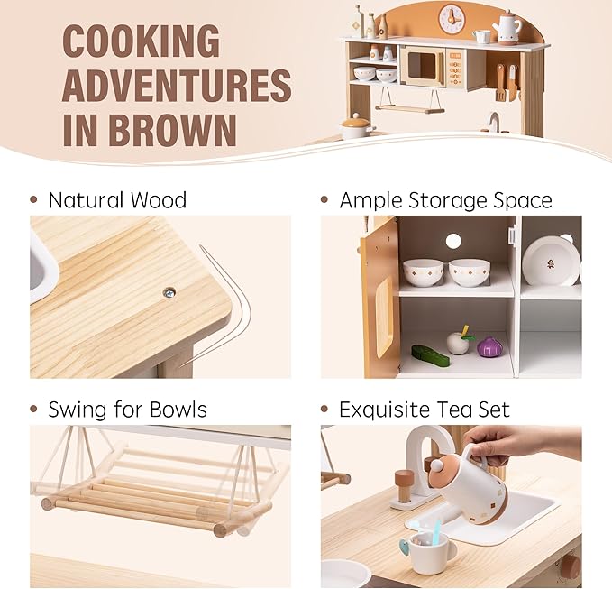 ROBOTIME Wooden Play Kitchen Set, Play Kitchen Set for Kids with Realistic Design, Kids & Toddlers Kitchen Playset with Dishwasher, Toy Kitchen Set for Boys and Girls Ages 3+ (Brown)