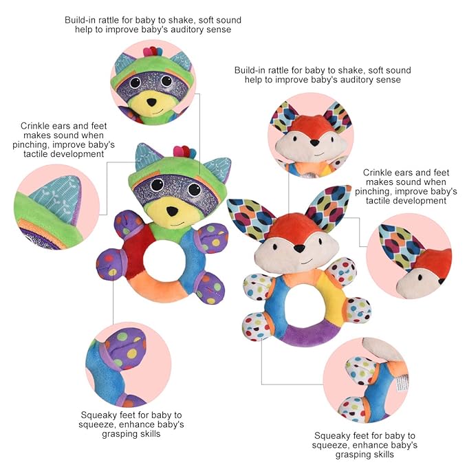 HAHA Baby Teething Rattle Toys, Infant Girl Boy Learning Toy Newborn Soft Handbell Grab Shaker Crinkle Squeaky Sensory Travel Accessories for 0 3 6 9 12 Months Old