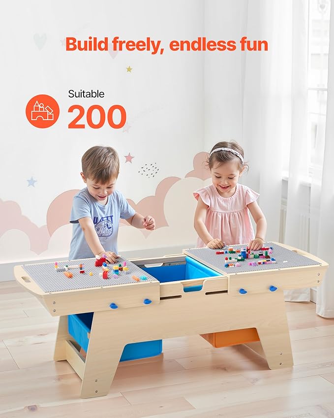 VEVOR Kids Reversible Wooden Activity Table, Multi-Purpose Activity Play Table with 200 Building Bricks & 3 Storage Bins for Kids 3+ Years, Large Storage Space, Present for Boys & Girls, Natural