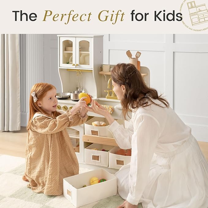 Tiny Land Play Kitchen for Kids with Enhanced Storage – Modern Toddler Kitchen Playset with Stove, Sink & Accessories, Organized Wooden Toy Kitchen, Ideal for Toddlers