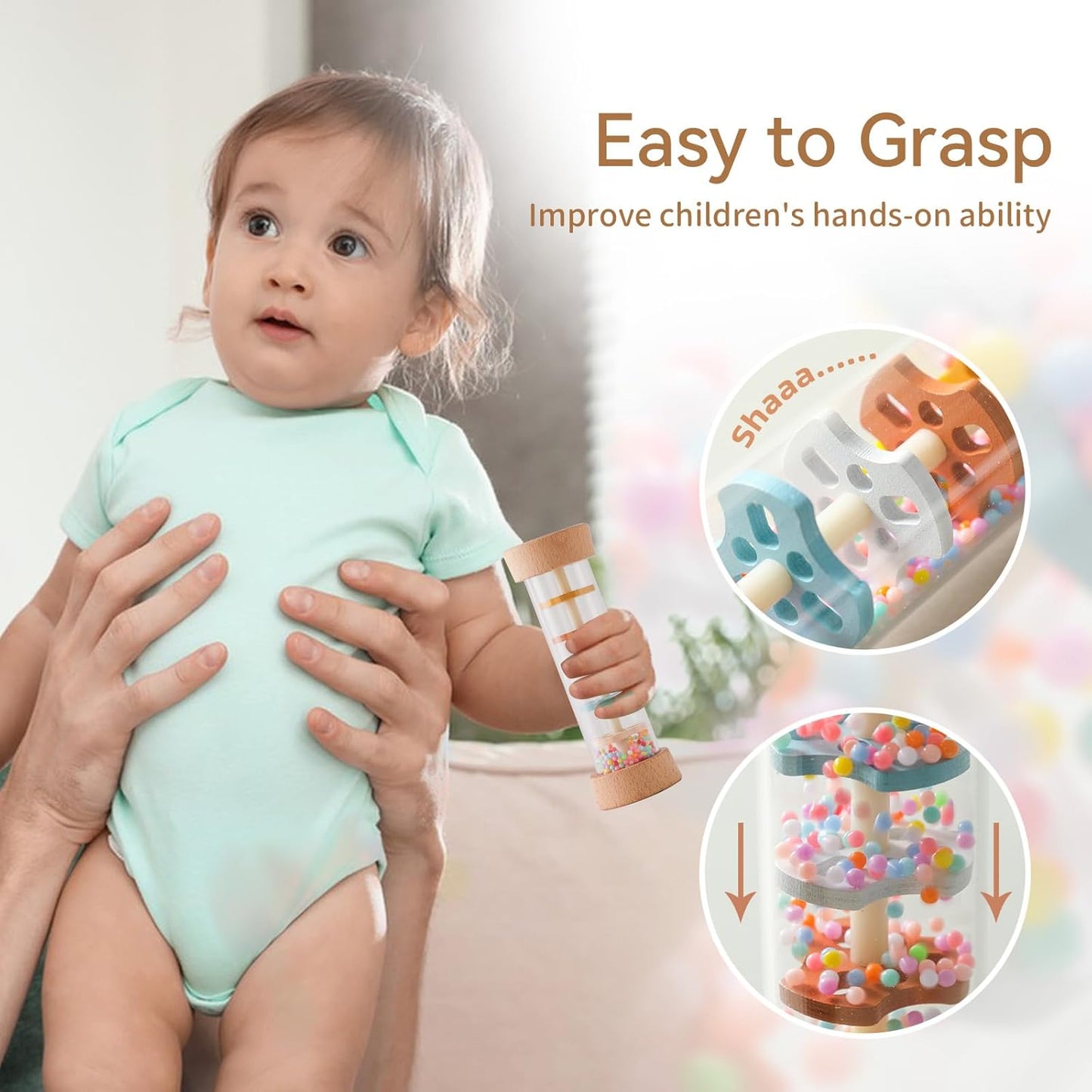 Youuys Wooden Baby Rattle Set (3pcs) - Crochet Rattle Rain Stick Teething Toys, Wooden Montessori Toy for Newborn Infant Baby Rattles Set Toys 3-6-12 Months(Lion)