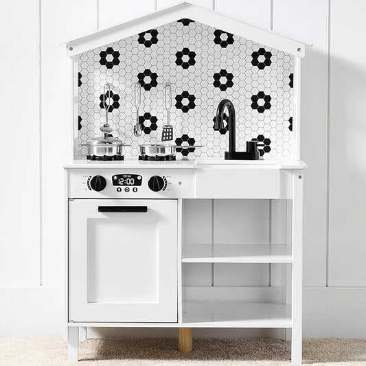 Best Choice Products Pretend Play Wooden Farmhouse Kitchen Set for Kids w/Toy Storage, Clicking Knobs, Windows, 5 Accessories Included - White/Black