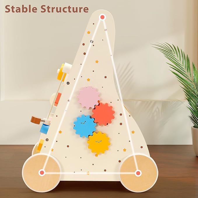 Wooden Baby Walker, Baby Push Walker, Montessori Activity Center Push Toy, Ajustable Speed Baby Walker with Wheels for Toddlers Learning to Walk 12m+