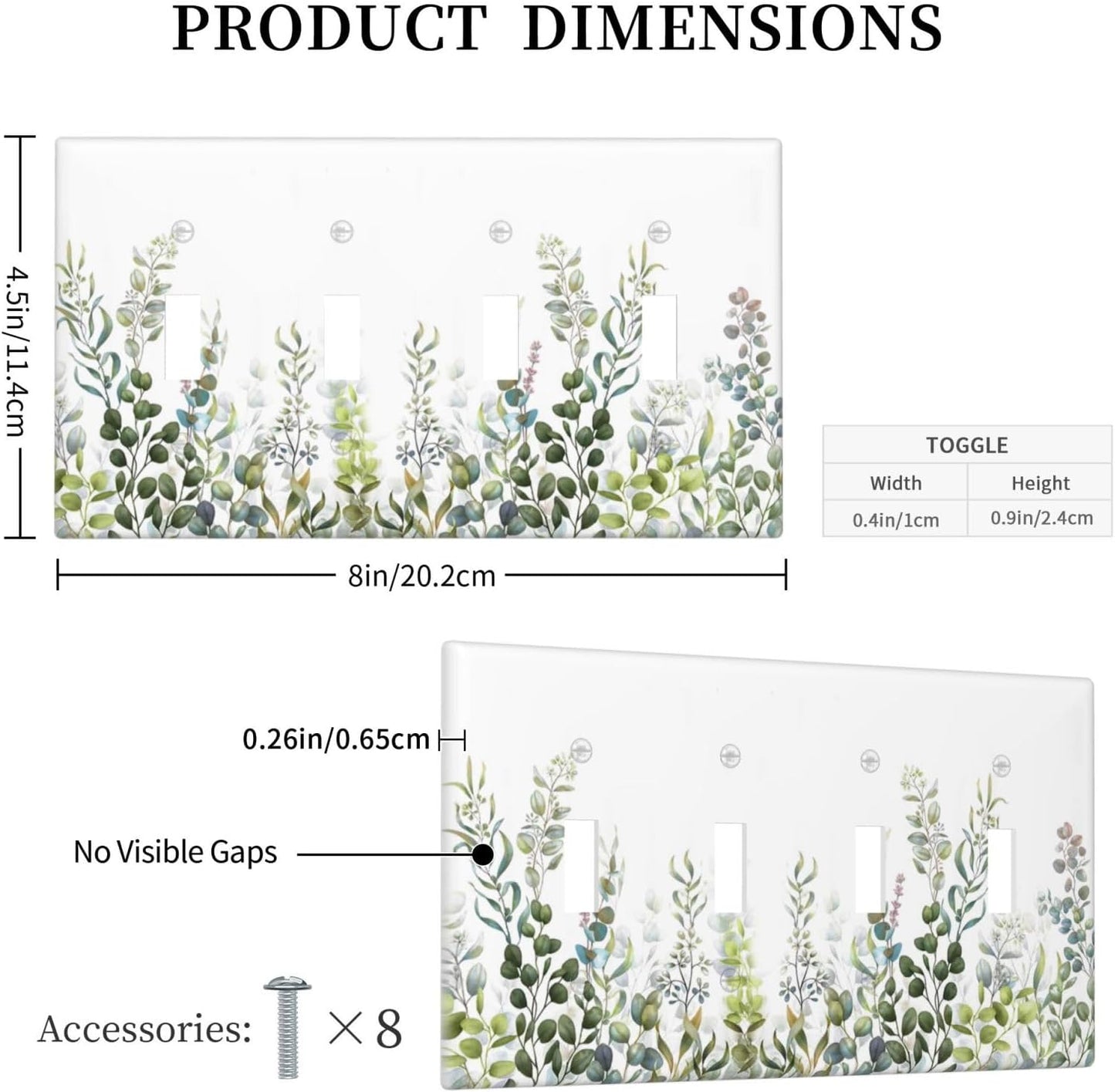 Green Eucalyptus Leaf Plant Herbs Springnature Light Switch Covers Quad Toggle Electrical Faceplate 4 Gang Wall Plate Decorative Switch Plates for Bed Room Living Room Decor