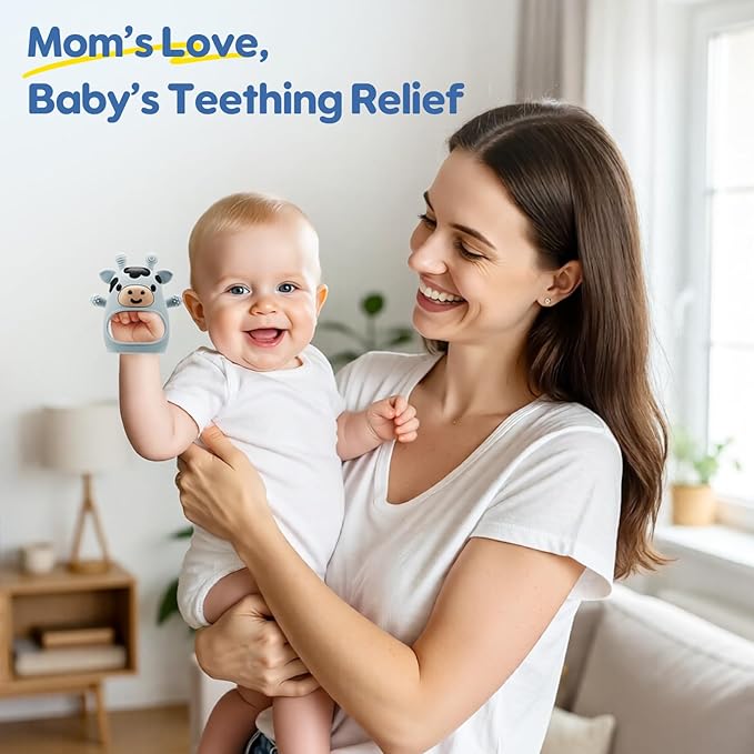 TOHIBEE 2 Packs Baby Teething Toys for 0-6 6-12 Months, Food Grade Silicone Adjustable Cow Teething Mitten, Chew Teether Toys for Teething Pain Relief, Baby and New Born Essentials, Blue & White
