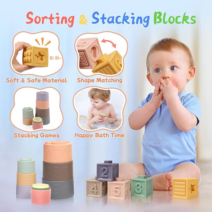 Christmas Stocking Stuffers 6 in 1 Montessori Toys for Babies 6-12 Months, Infant Sensory Pull String Toy, Fidget Spinners Soft Baby Blocks & Stacking Cups for Toddlers 1-3, Baby Gifts for 1 Year Old