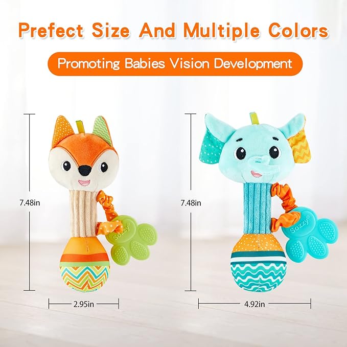 Baby Rattles 0-6 Months，Baby Soft Rattles Shaker，Hand Grab Sensory Shaker,Teething Toys for Babies 6-12 Months，Sensory Plush Animal Toys for 0 3 6 9 12 Months Newborn Toys, 2PCS