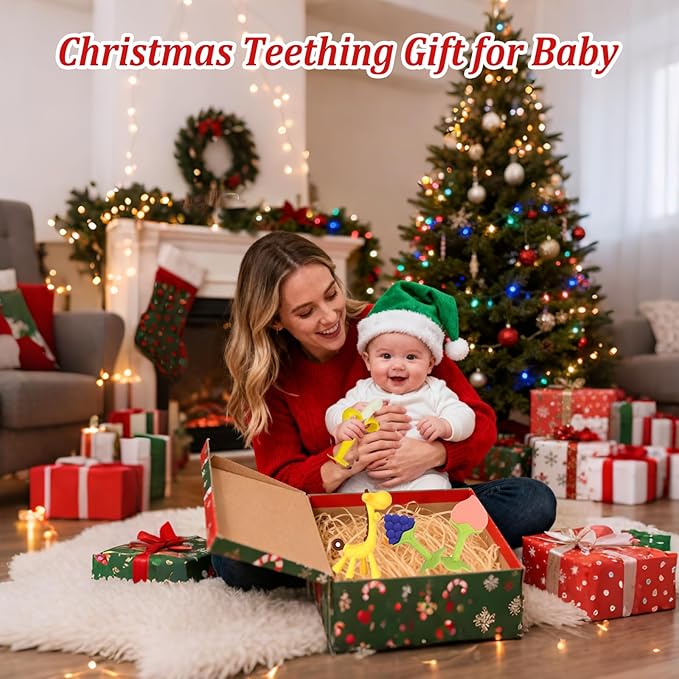 Baby Teething Toys 3-6 Months, Silicone Baby Teether Freezer BPA Free, Babies Teething Relief Sore Gums, Banana Toothbrush, Fruit Shape Giraffe Newborn Teether Gift for Infant Boy and Girl