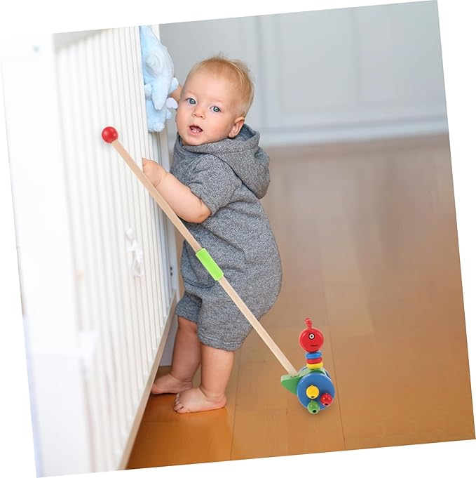 Yardwe Toddler Push Walker Wooden Trolley with Cartoon Animal Design Rolling Wheels for Indoor Outdoor Play Baby Push Pull Toy for Motor Skill Development