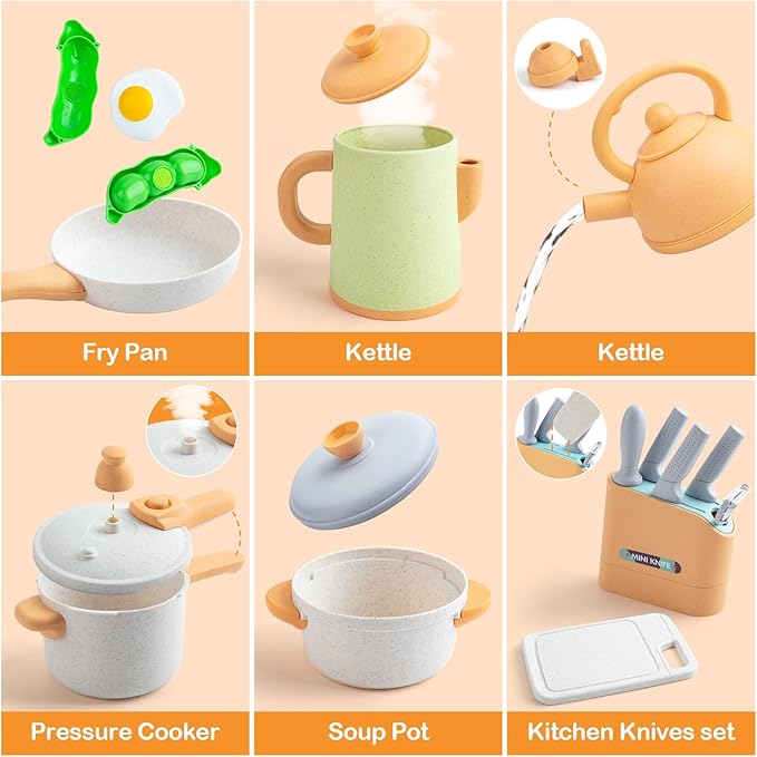 Kids Play Kitchen Accessories, 42Pcs Toddlers Pretend Toy Kitchen Playset Cooking Sets with Pressure Pots and Pans, Cookware, Utensils, Cutting Play Food Preschool Education Toys Gift for Girls Boys