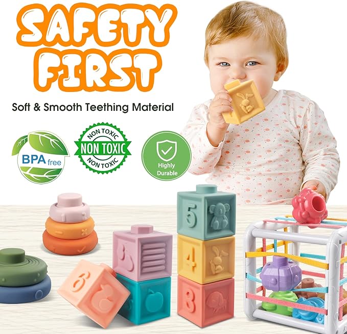 4-in-1 Baby Toys Montessori Soft Stacking Blocks for Babies, Infants Teething Toys, Sensory Balls and Educational Learning Set for Toddlers (Boys & Girls)
