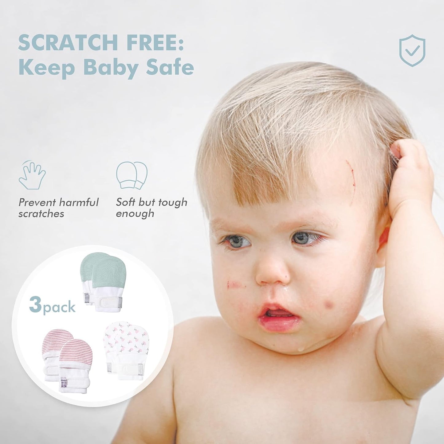 HAPIU Baby No Scratch Mittens Stay On, 100% Cotton Breathable, Adjustable Infant Gloves for Boys Girls, Newborn - 12 M